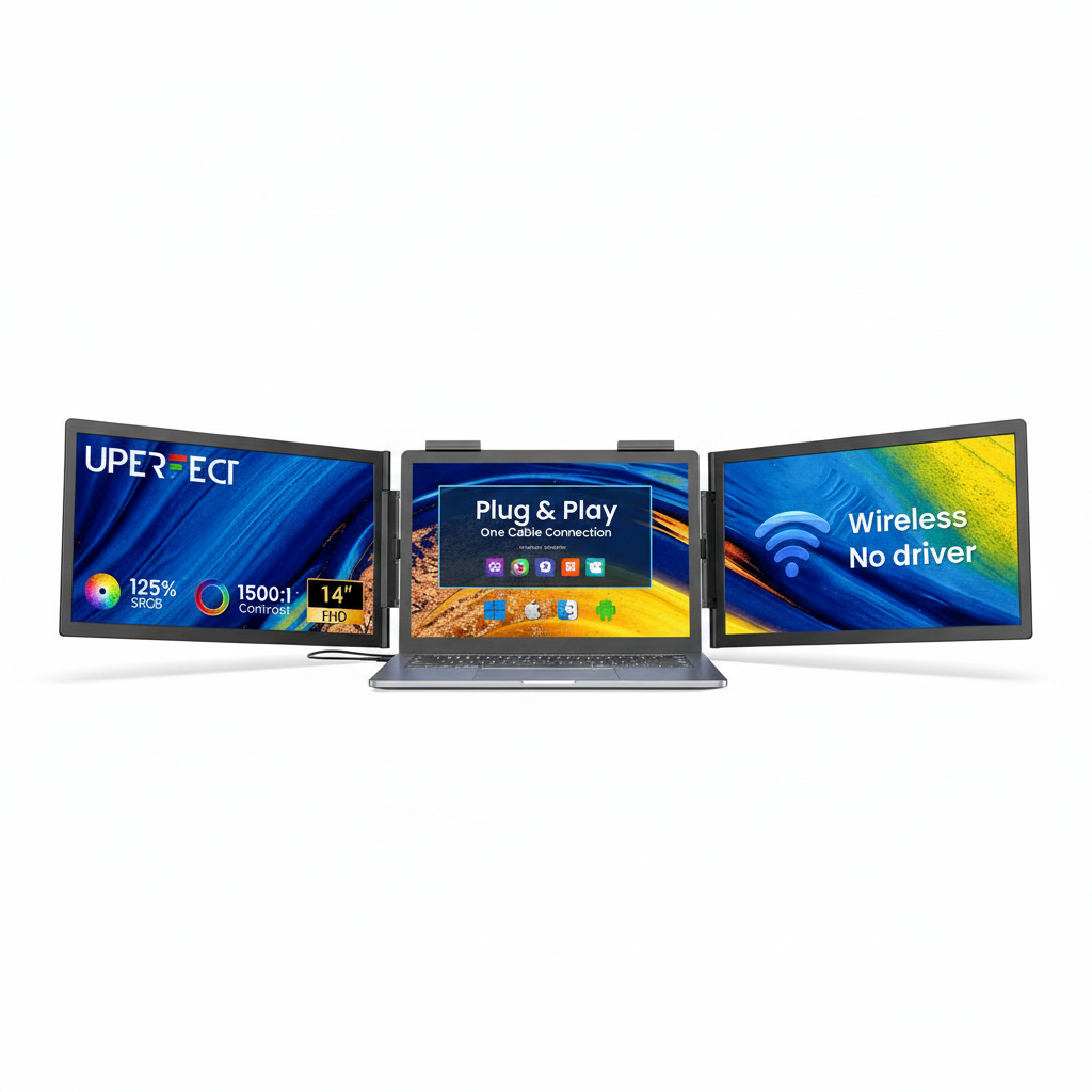 Portable triple screen monitor laptop extender for multitasking