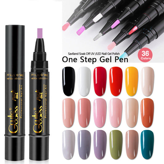 One step gel nail polish pens with color swatches and brush tips.