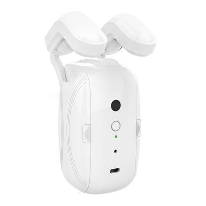 White smart curtain motor device with dual track wheels and front control buttons.
