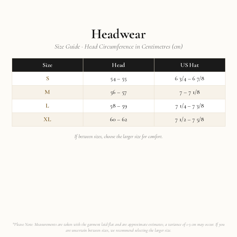 Headwear Size Chart