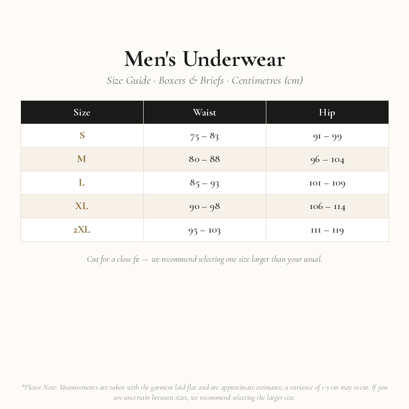 Underwear Size Chart