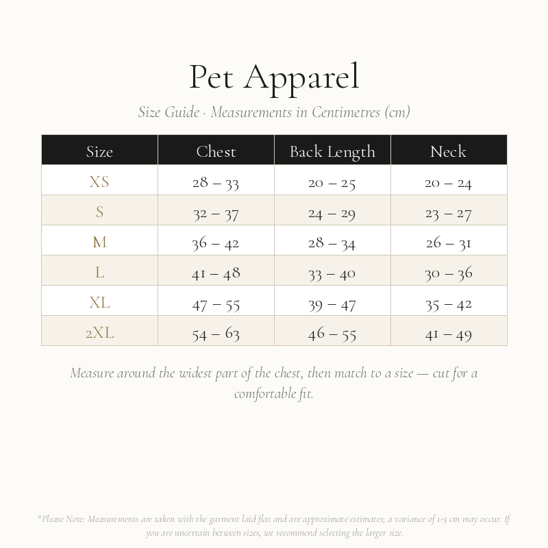 Pet Clothing Size Chart