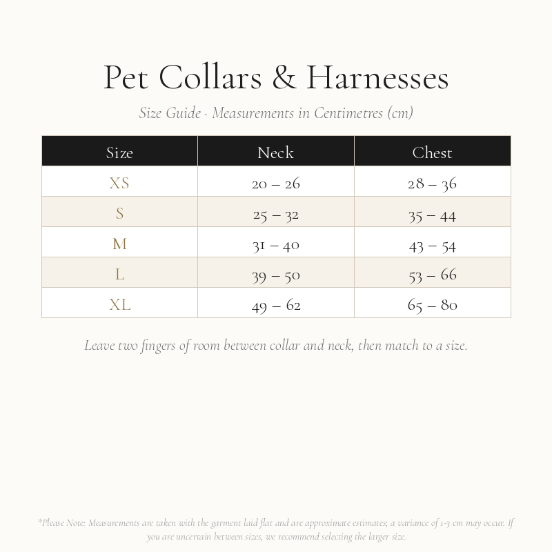 Pet Collars and Harnesses Size Chart