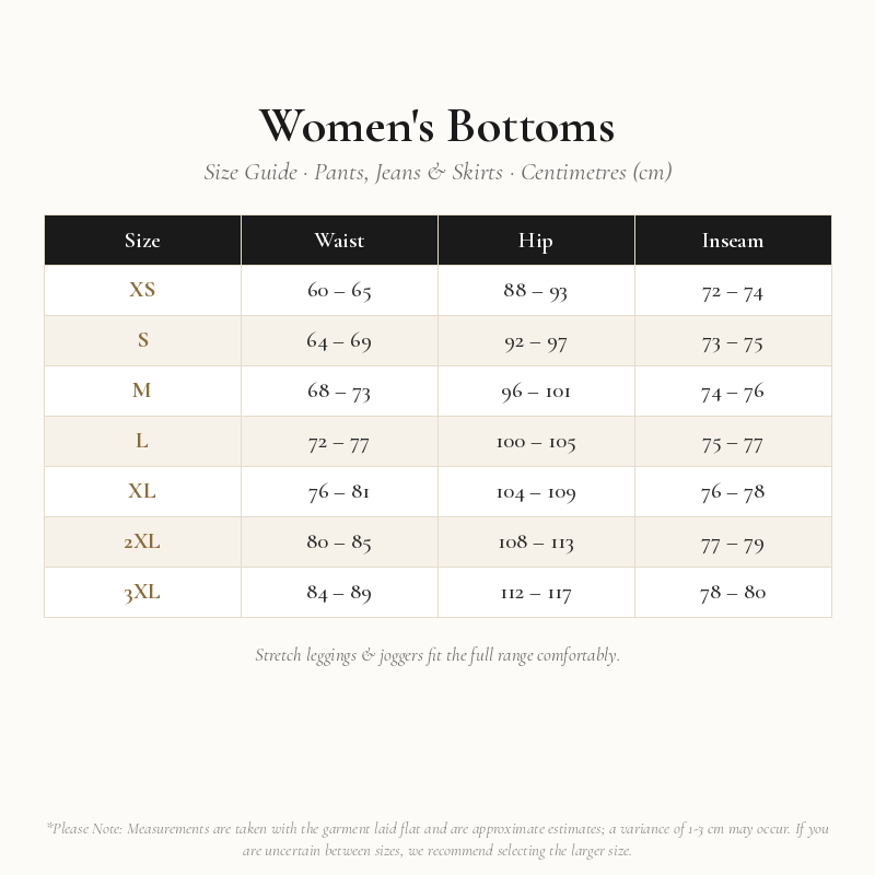 Women's Bottoms Size Chart