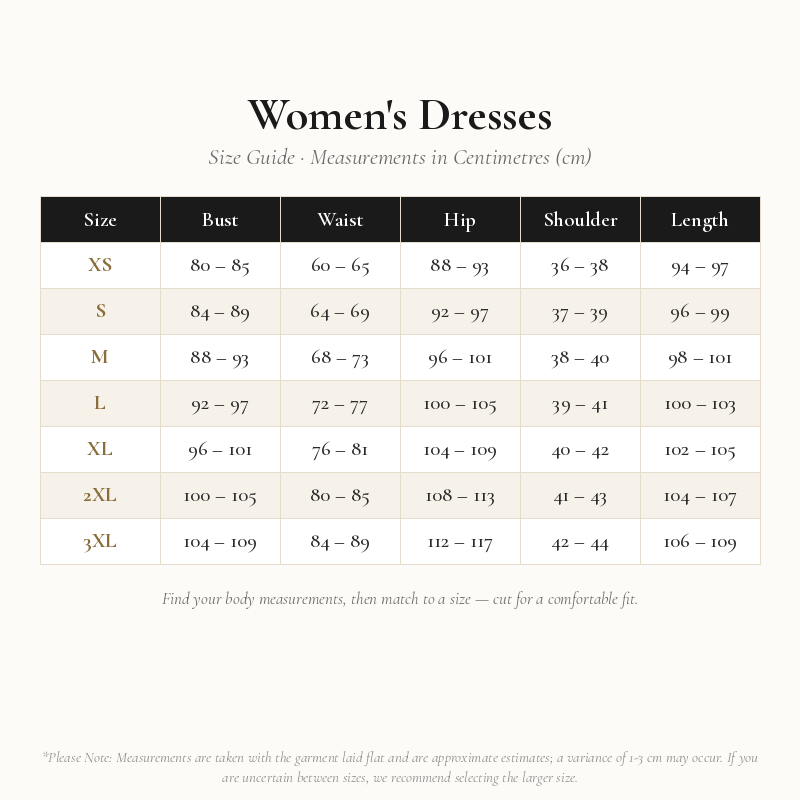 Women's Dresses Size Chart
