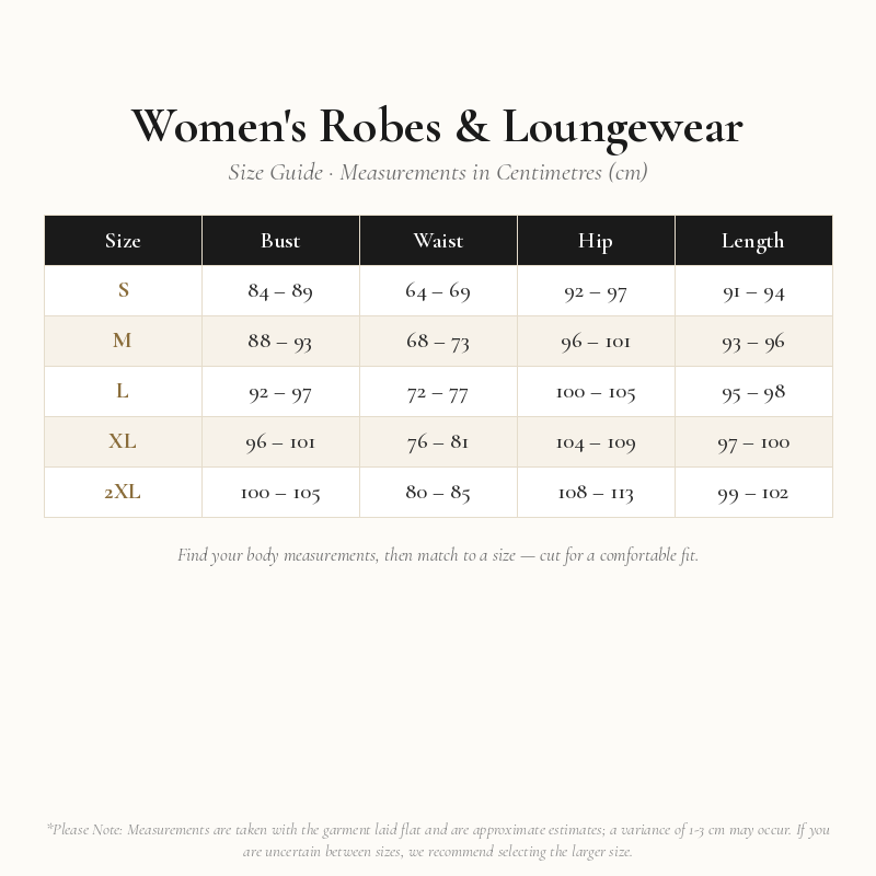 Women's Robes and Loungewear Size Chart