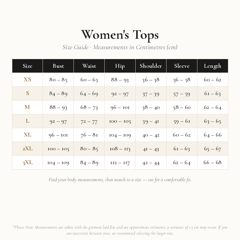 Women's Tops Size Chart