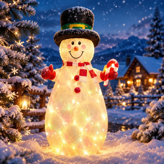 Glowing snowman inflatable with top hat, scarf, and candy cane in a snowy outdoor scene.