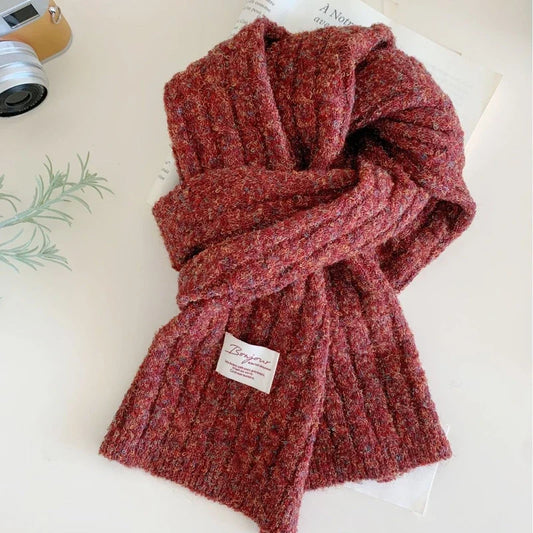 Chunky knitted winter scarf with thick ribbed weave
