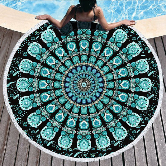 Round beach towel absorbent microfiber circular bath linen with patterned design and fringe