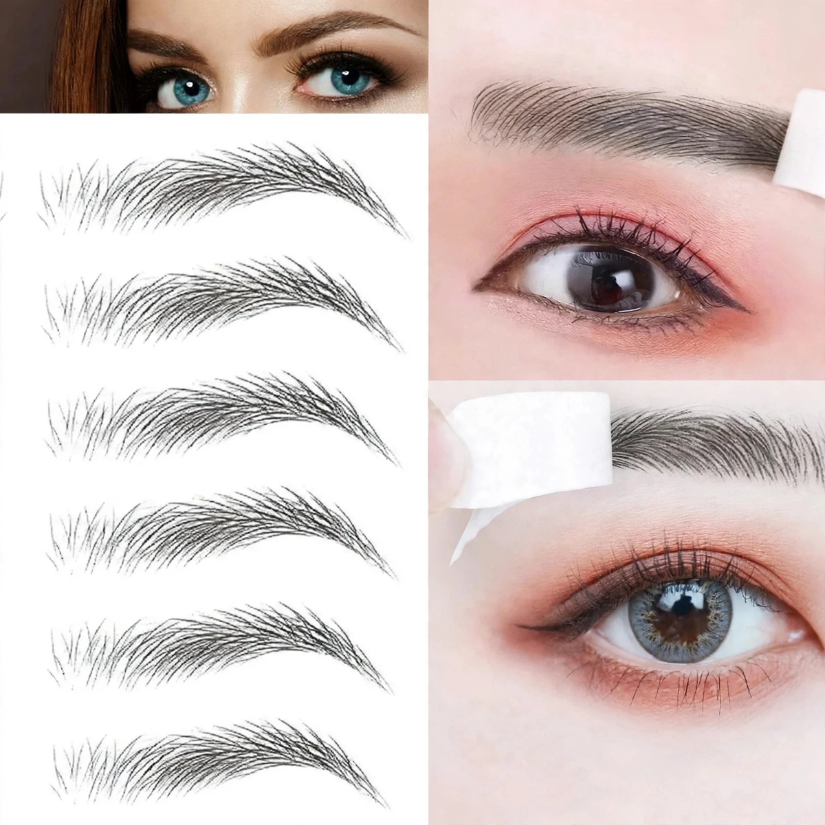 Sheet of hair-like eyebrow tattoo stickers with application examples on eyes.