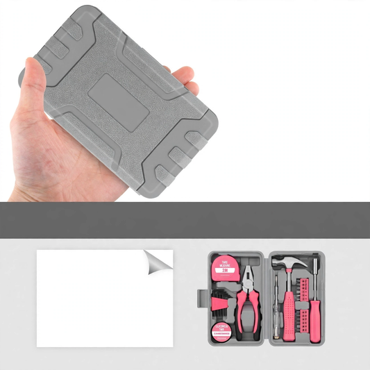 Compact molded tool case held in one hand and opened to show the fitted household tool set
