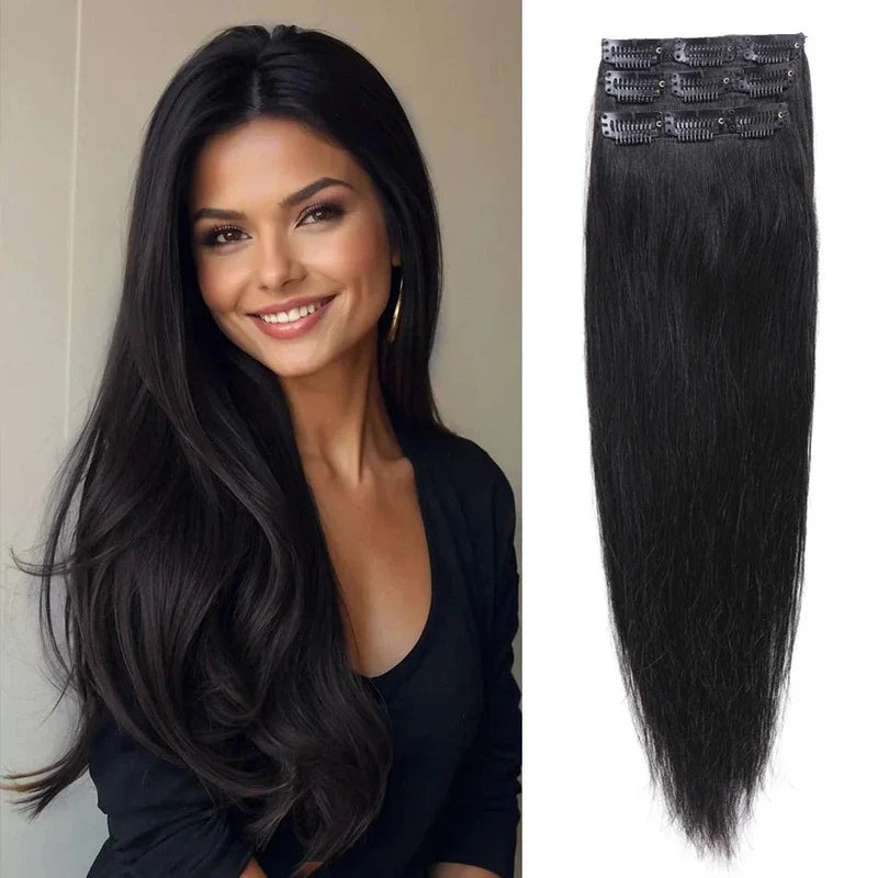 Long black hair extensions with snap clips alongside a smiling woman wearing matching dark hair.
