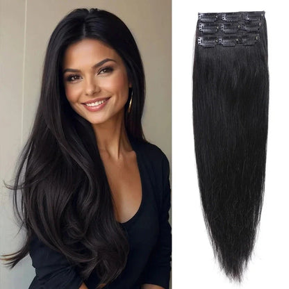 Long black hair extensions with snap clips alongside a smiling woman wearing matching dark hair.