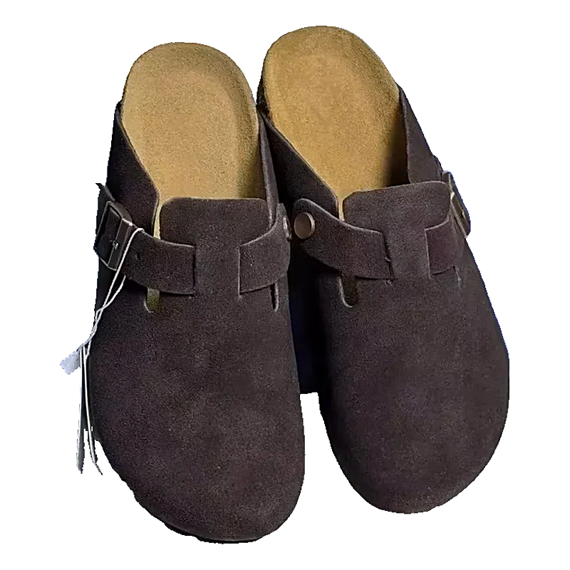 Suede closed-toe clog mules with buckle strap, side view