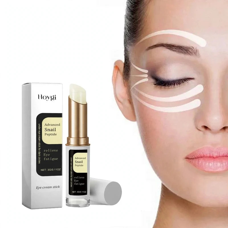 Snail peptide eye cream stick with box next to a woman's face showing application areas.