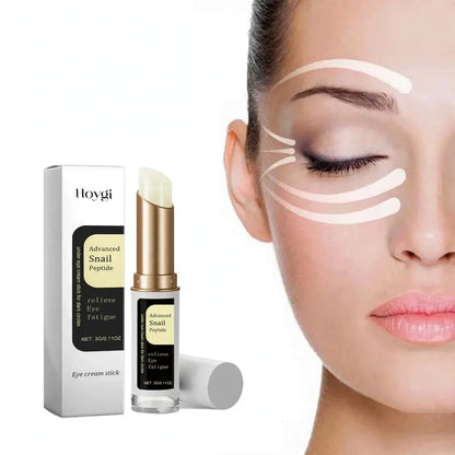 Snail peptide eye cream stick with box next to a woman's face showing application areas.
