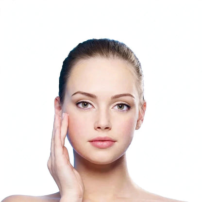 Close-up of a woman touching her cheek against a white background.