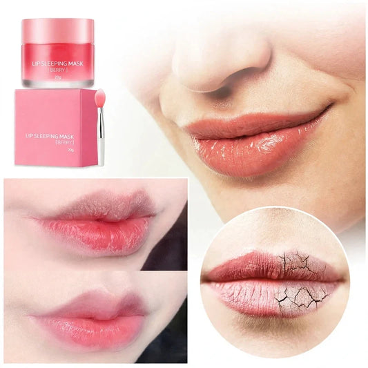 Collagen lip sleep mask jar, box, applicator, and before-and-after close-ups of lips.