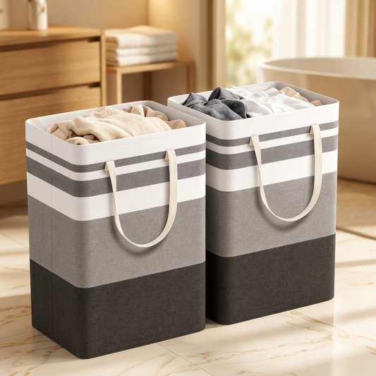 Laundry hampers by Merch Gone Viral, waterproof 2-pack with striped gray/white design and reinforced frame