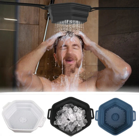 A man washes his hair under a hanging black collapsible silicone bucket, with three silicone buckets shown below.