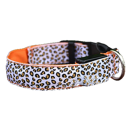 Rechargeable LED dog collar for evening walks featuring a leopard print pattern and metal D-ring
