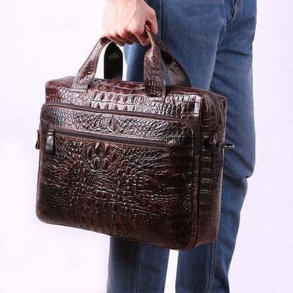 Cowhide Leather Laptop Bag Embossed Square Handbag With Slim Strap - Merch Gone Viral