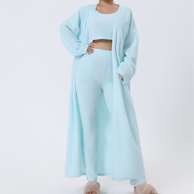 Cozy Pajama Set For Women 3 Piece Lounge Wear Soft Warm Knit Cardigan Crop Top And Wide Leg Pants - merch gone viral.