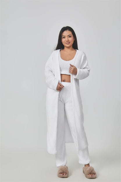 Cozy Pajama Set For Women 3 Piece Lounge Wear Soft Warm Knit Cardigan Crop Top And Wide Leg Pants - merch gone viral.