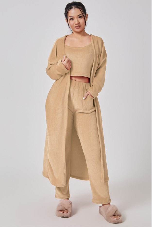 Cozy Pajama Set For Women 3 Piece Lounge Wear Soft Warm Knit Cardigan Crop Top And Wide Leg Pants - merch gone viral.