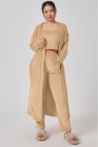 Cozy Pajama Set For Women 3 Piece Lounge Wear Soft Warm Knit Cardigan Crop Top And Wide Leg Pants - merch gone viral.