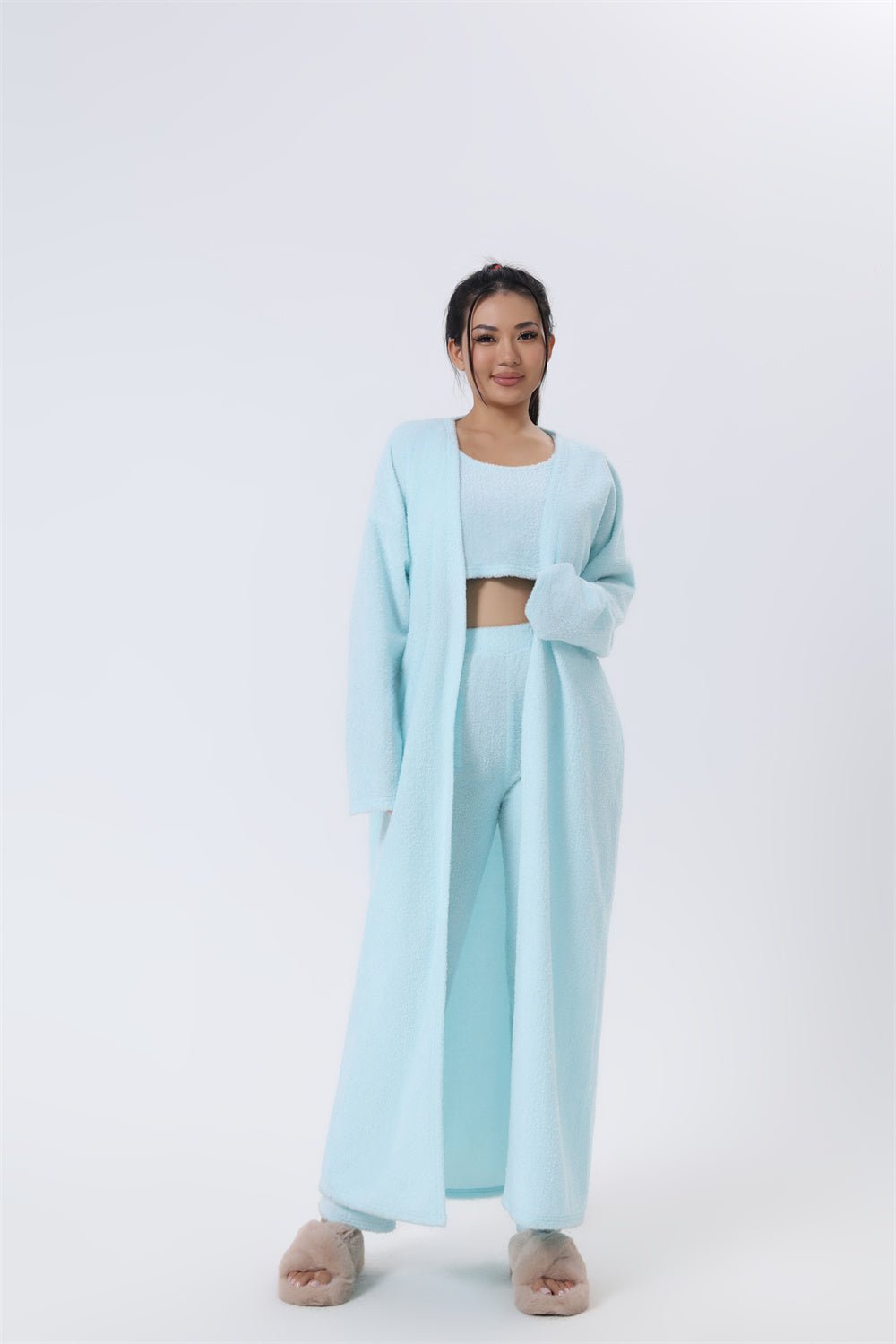 Cozy Pajama Set For Women 3 Piece Lounge Wear Soft Warm Knit Cardigan Crop Top And Wide Leg Pants - merch gone viral.