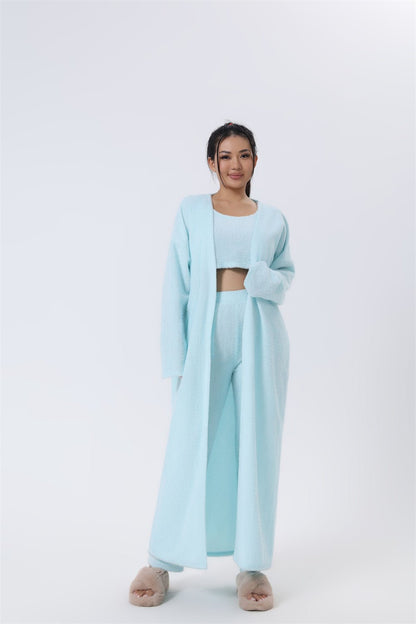 Cozy Pajama Set For Women 3 Piece Lounge Wear Soft Warm Knit Cardigan Crop Top And Wide Leg Pants - merch gone viral.