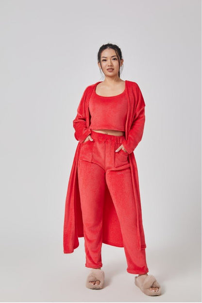 Cozy Pajama Set For Women 3 Piece Lounge Wear Soft Warm Knit Cardigan Crop Top And Wide Leg Pants - merch gone viral.