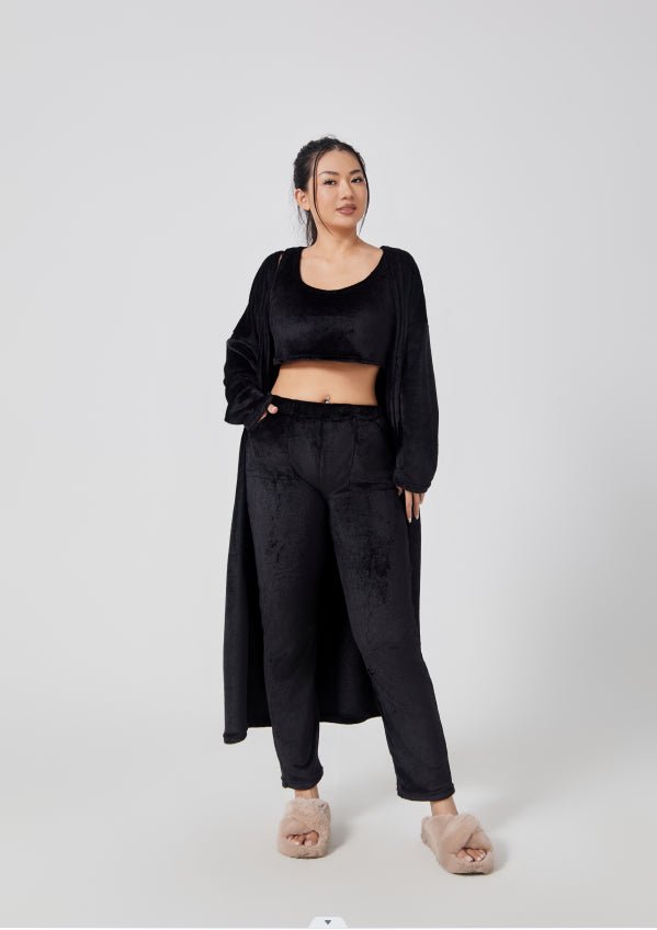 Cozy Pajama Set For Women 3 Piece Lounge Wear Soft Warm Knit Cardigan Crop Top And Wide Leg Pants - merch gone viral.