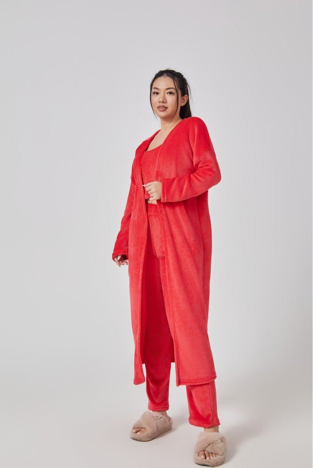 Cozy Pajama Set For Women 3 Piece Lounge Wear Soft Warm Knit Cardigan Crop Top And Wide Leg Pants - merch gone viral.
