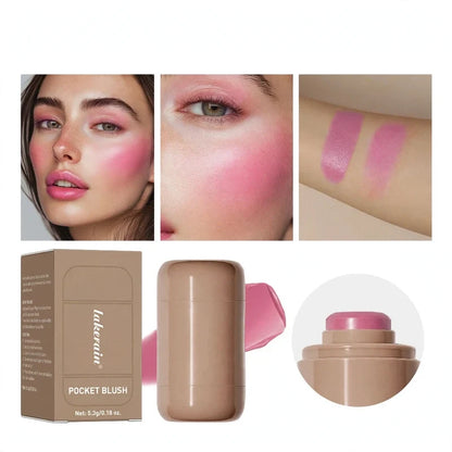 Pink cream blush stick shown with packaging, arm swatches, and model application examples.