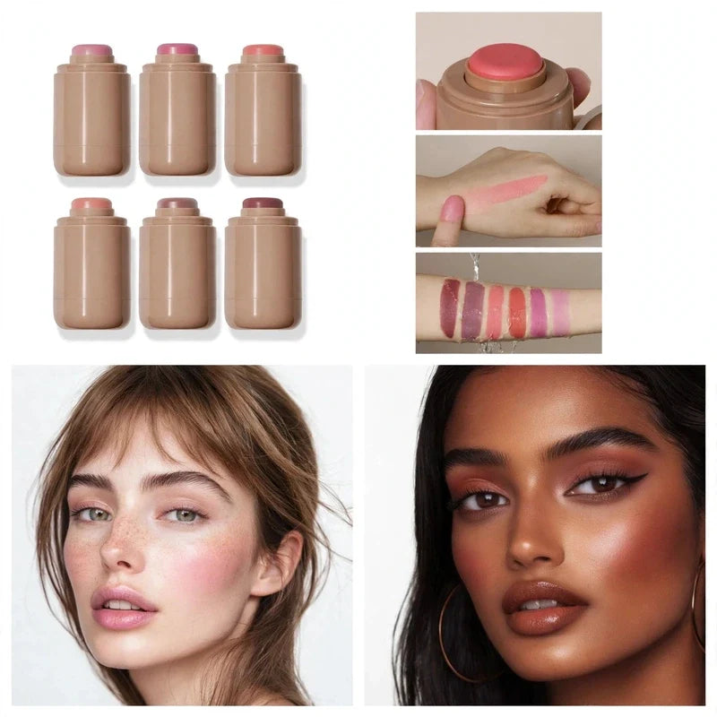 Collage of six cream blush sticks, shade swatches on skin, and two models wearing blush.