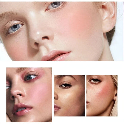 Close-up of a face with pink cream blush applied to cheeks and lips.