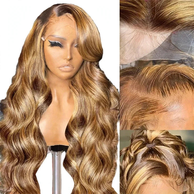 Highlighted wavy lace-front wig on a mannequin with close-ups of the parting and hairline.
