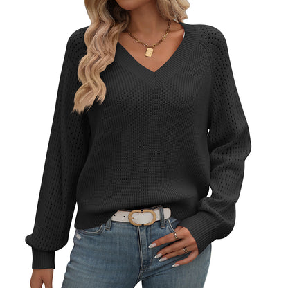 Hollow-Out Sweater with V-Neck and Wool Blend