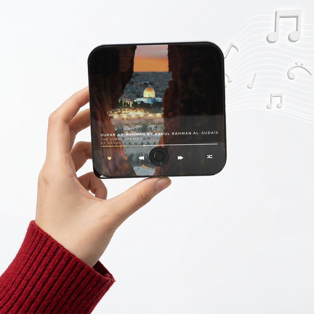 Hand holding a black music player displaying a golden domed shrine with song controls and music notes.