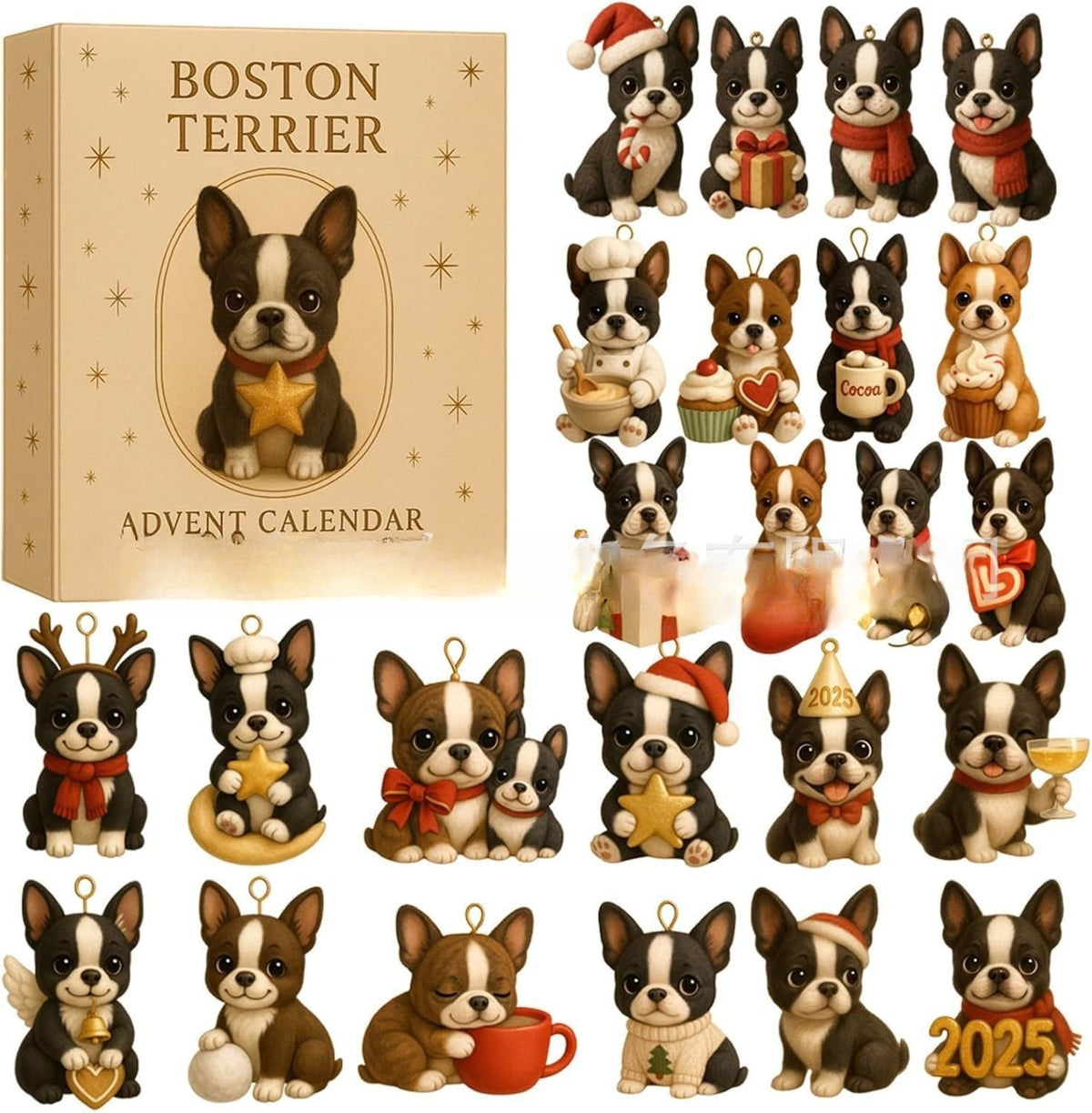 Boston terrier advent calendar box alongside twenty-four unique acrylic dog ornaments.