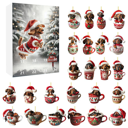 Advent calendar box alongside various dachshund ornaments in Christmas cups and festive eggs.