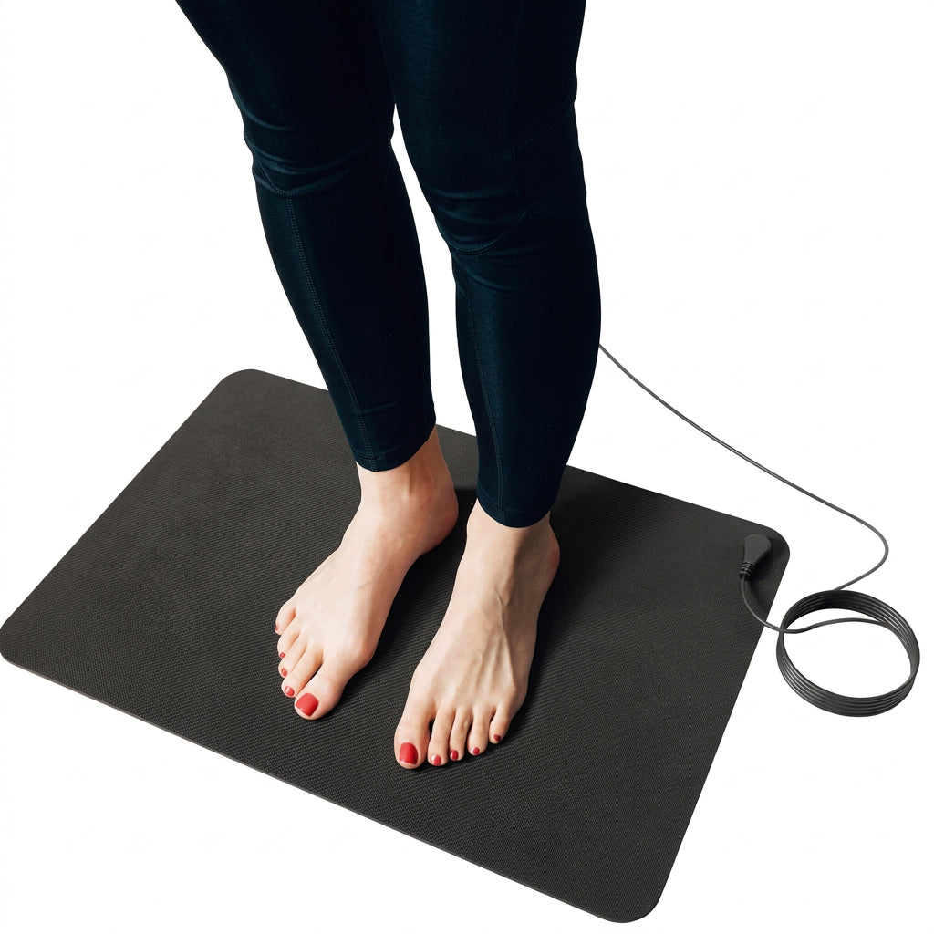 Grounding mat with anti static wire and plug shown with feet resting on its surface