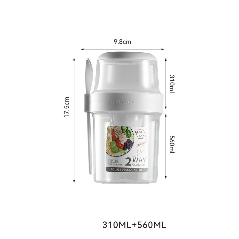 Double layer salad container diagram showing dimensions of 17.5cm height, 9.8cm width, and capacities of 310ml and 560ml.