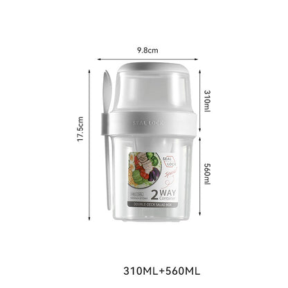 Double layer salad container diagram showing dimensions of 17.5cm height, 9.8cm width, and capacities of 310ml and 560ml.