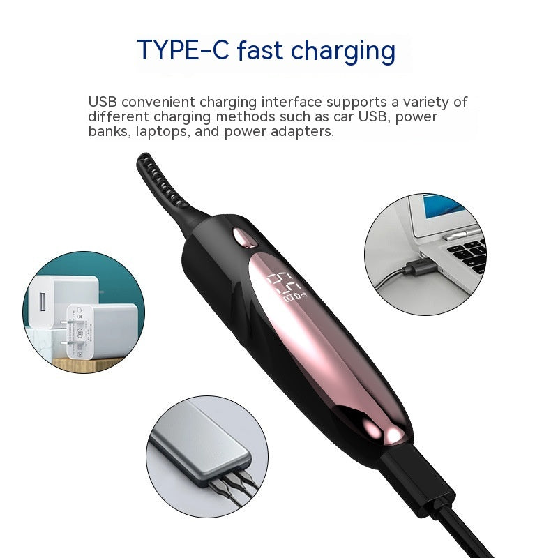 Heated eyelash curler shown with Type-C charging cable and various charging sources like laptops and adapters
