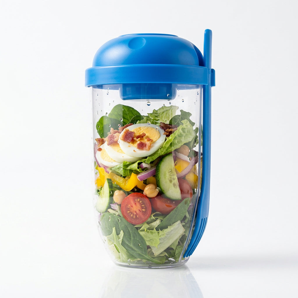 Clear salad cup with blue lid and fork, filled with greens, sliced eggs, tomatoes, and cucumbers