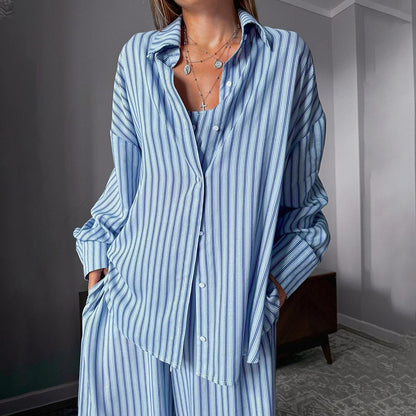 This Is Your Perfect Luxurious Three Piece Suit Set With Striped Tank Top Long Sleeve Shirt And Elastic Waist Trousers.